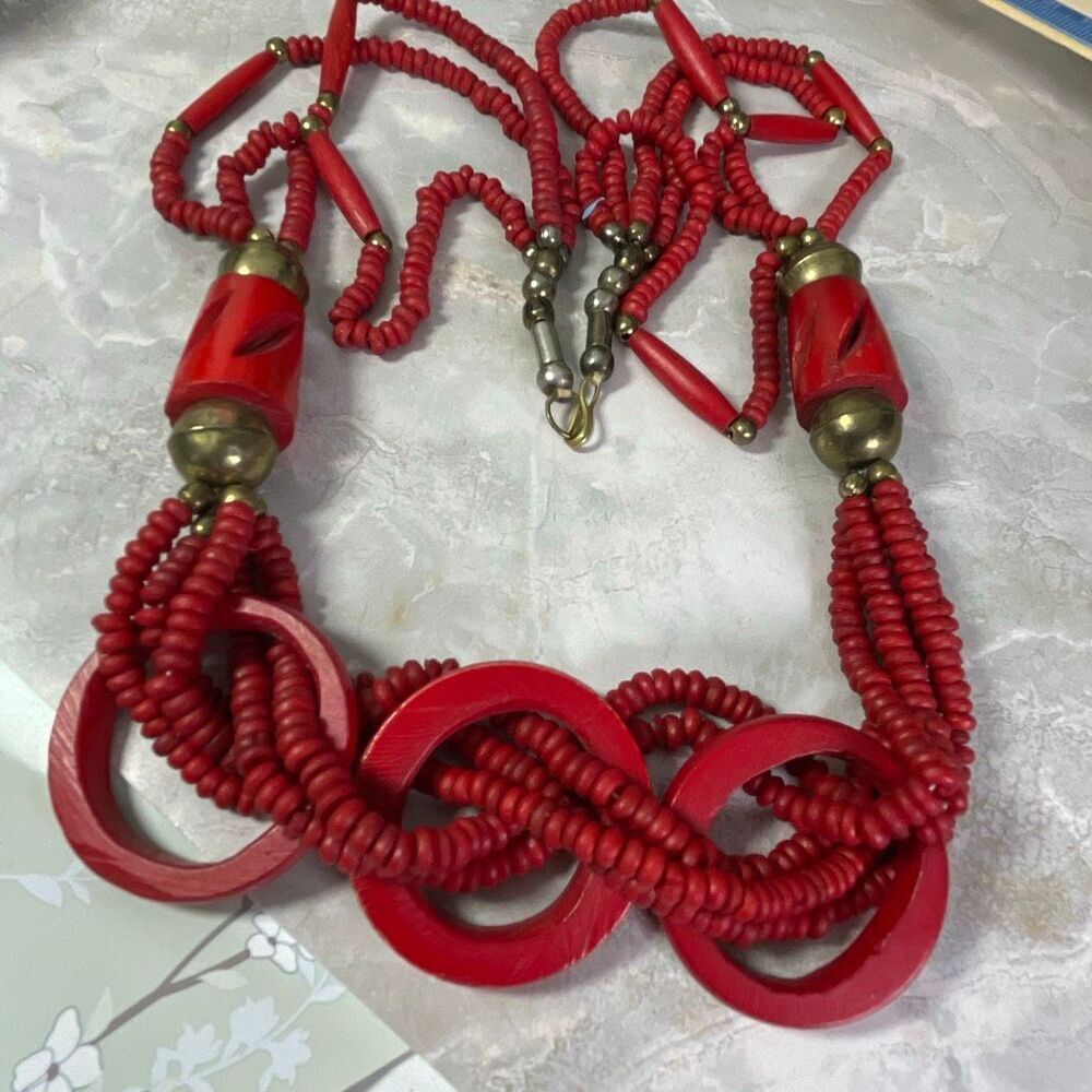 Vintage boho art to wear multi strand ceramic glass brass necklace 24”.
